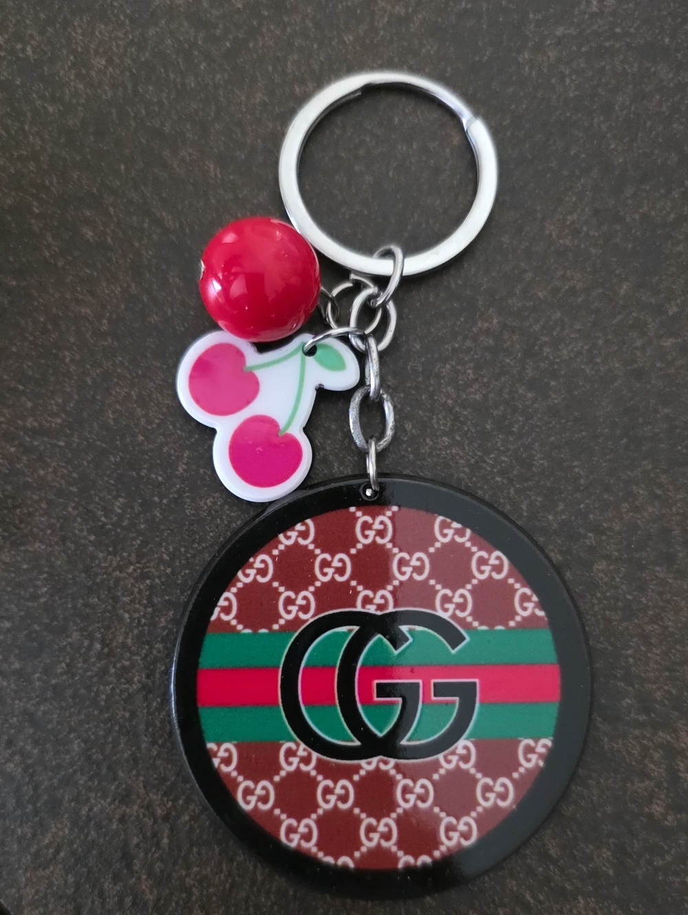Designer-Style Cherry Logo Keychain - Red, Green & Pink
